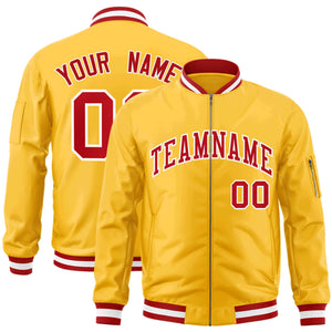 Custom Gold Red-White Varsity Full-Zip Letterman Bomber Jacket