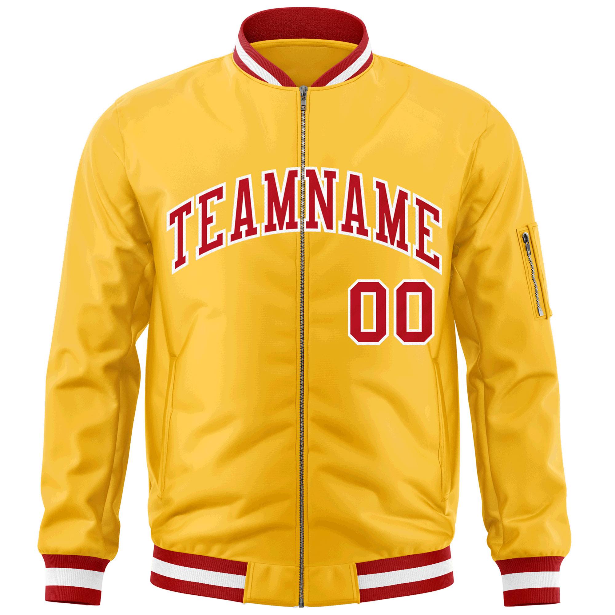 Custom Gold Red-White Varsity Full-Zip Letterman Bomber Jacket