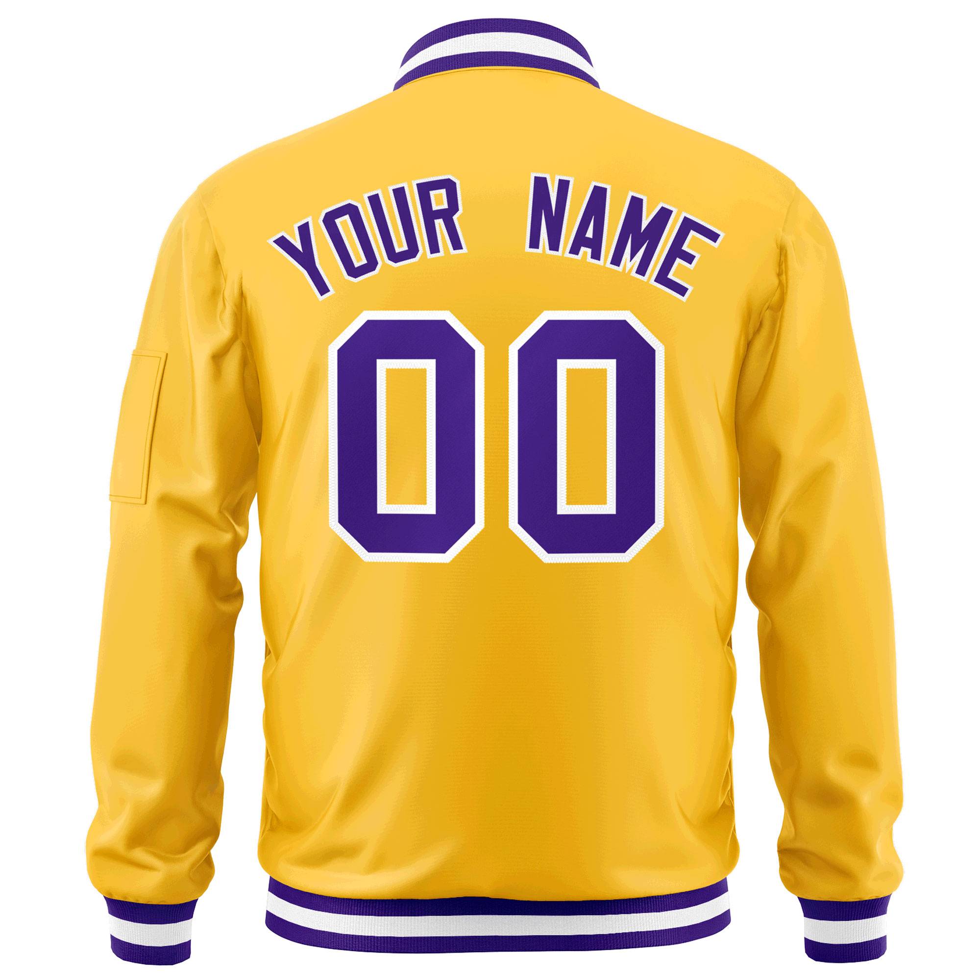 Custom Gold Purple-White Varsity Full-Zip Letterman Bomber Jacket