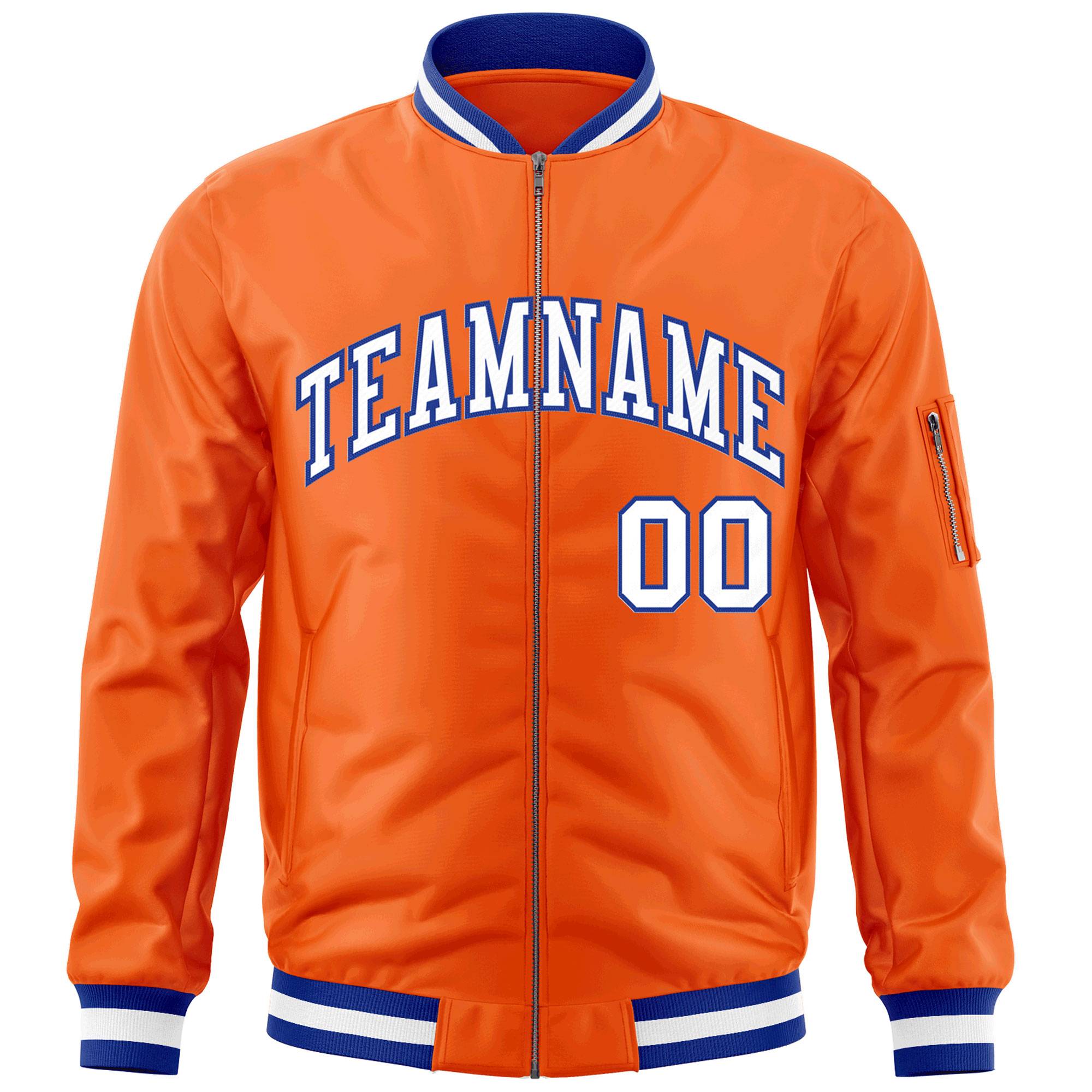 Custom Orange White-Royal Varsity Full-Zip Letterman Bomber Jacket