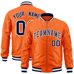 Custom Orange Navy-White Varsity Full-Zip Letterman Bomber Jacket