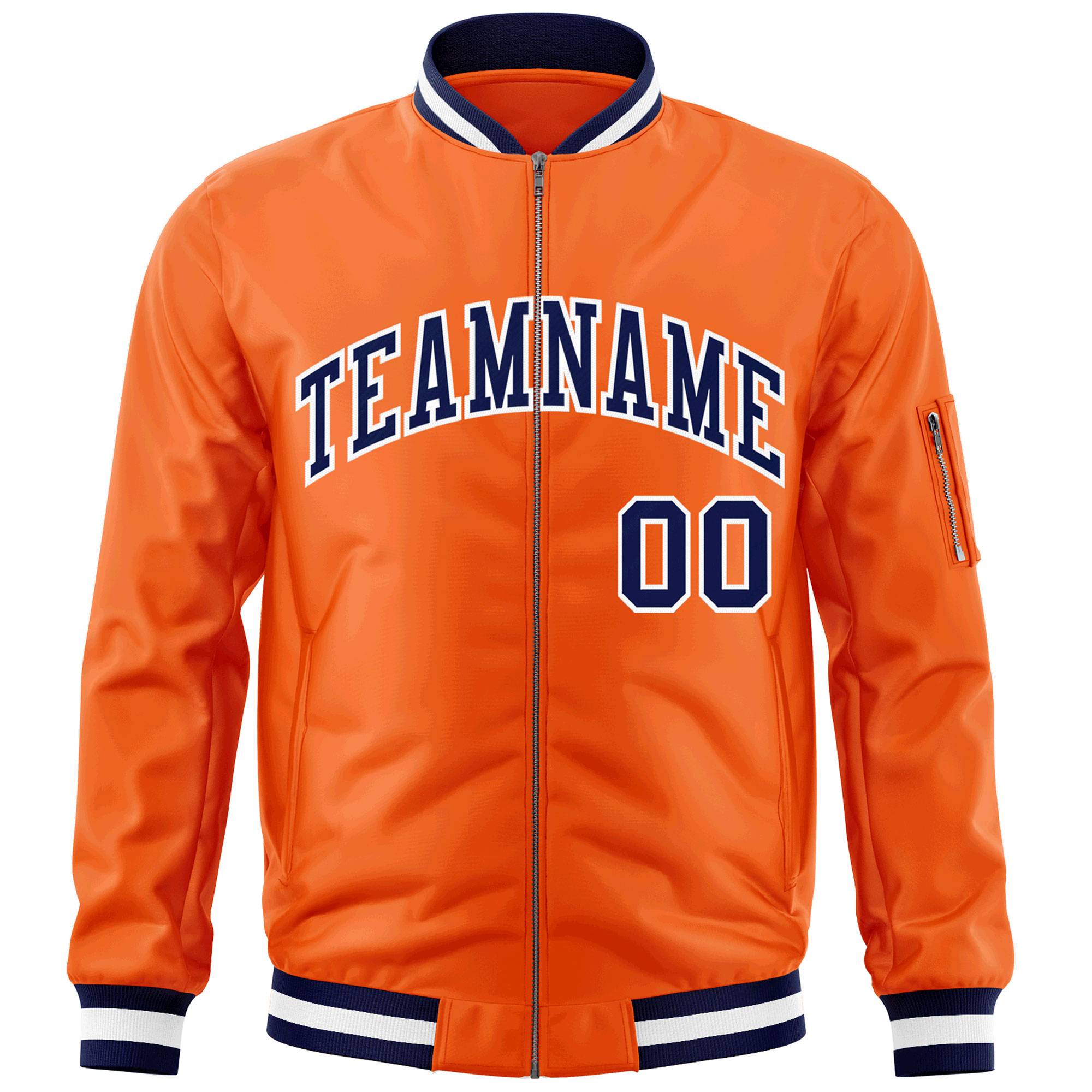 Custom Orange Navy-White Varsity Full-Zip Letterman Bomber Jacket