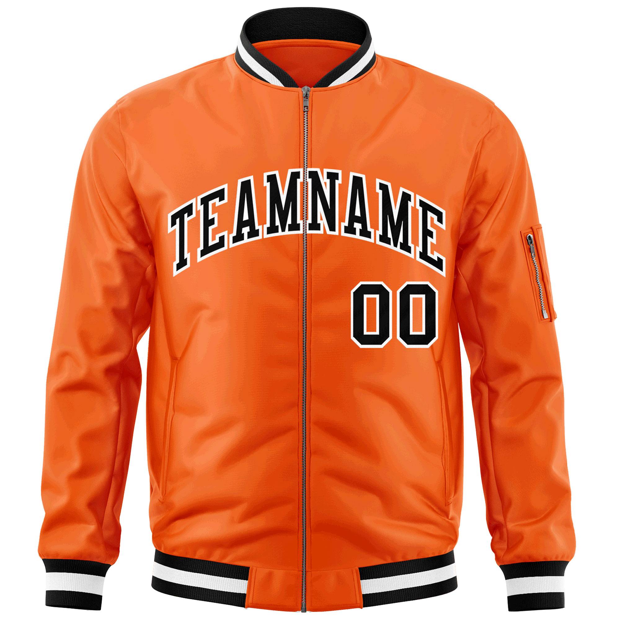 Custom Orange Black-White Varsity Full-Zip Letterman Bomber Jacket