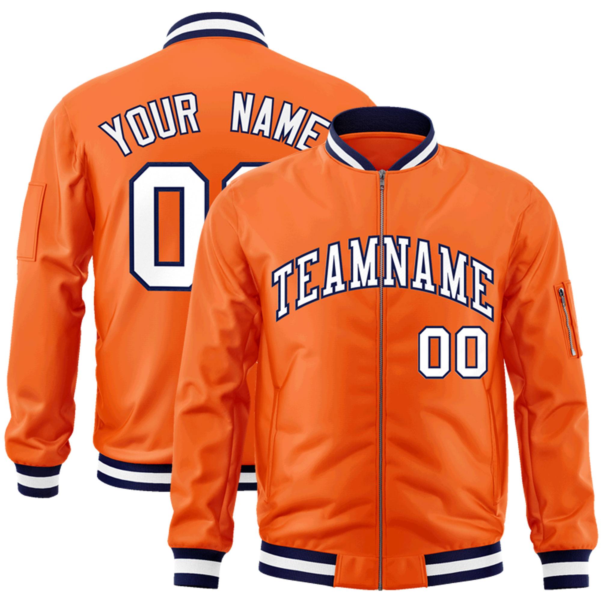 Custom Orange White-Navy Varsity Full-Zip Letterman Bomber Jacket