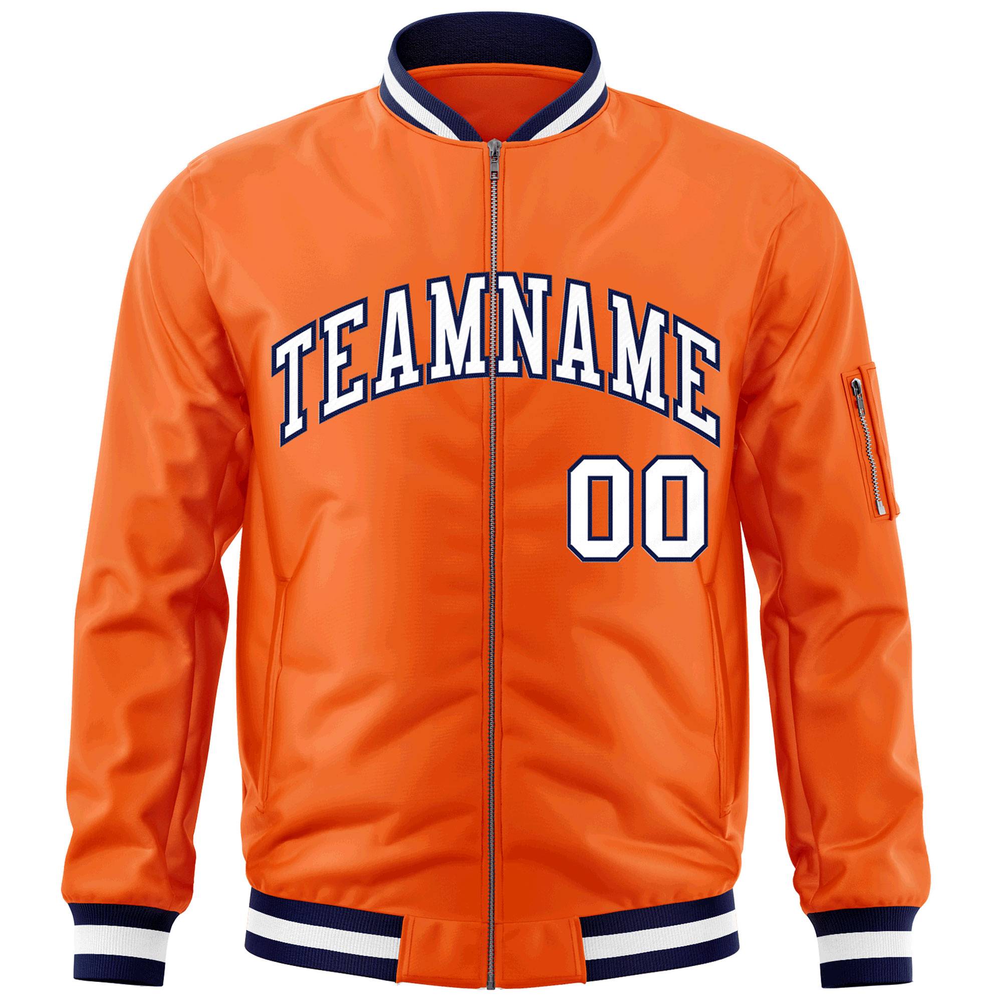 Custom Orange White-Navy Varsity Full-Zip Letterman Bomber Jacket