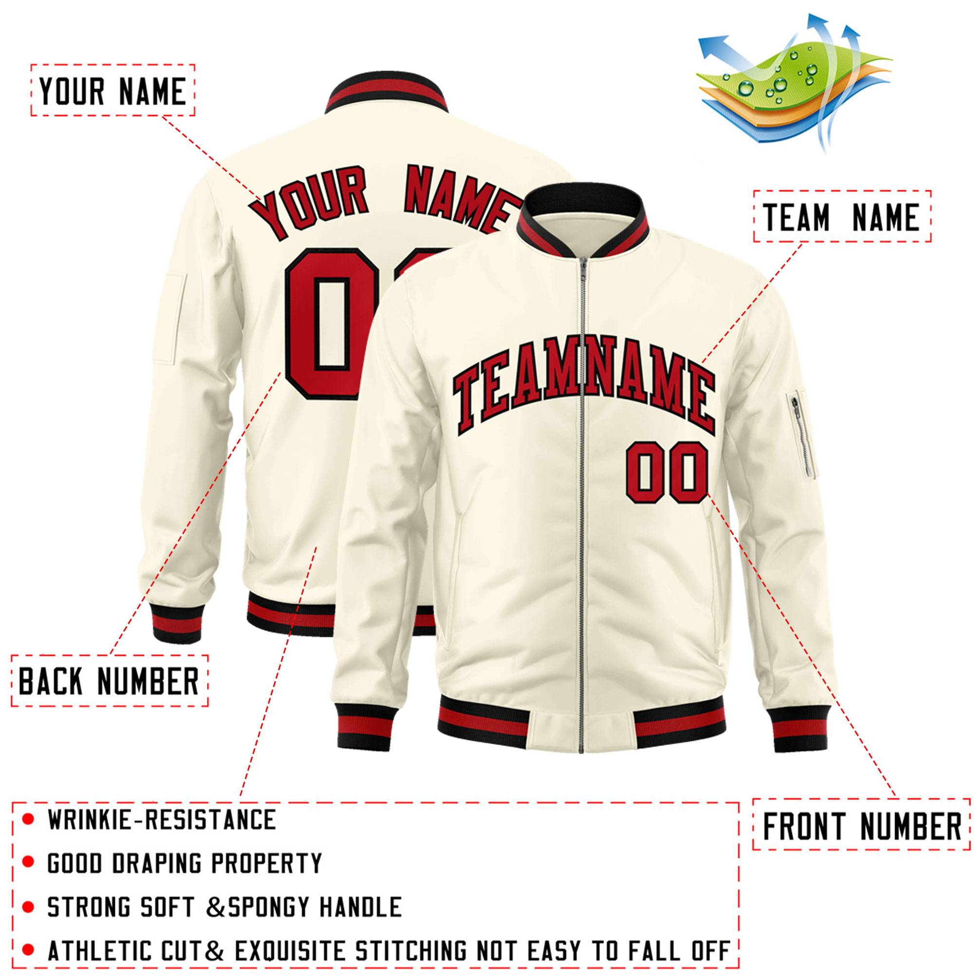 Custom Cream Red-Black Varsity Full-Zip Letterman Bomber Jacket