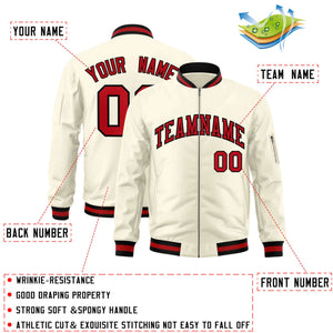 Custom Cream Red-Black Varsity Full-Zip Letterman Bomber Jacket