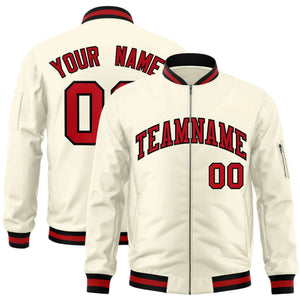 Custom Cream Red-Black Varsity Full-Zip Letterman Bomber Jacket