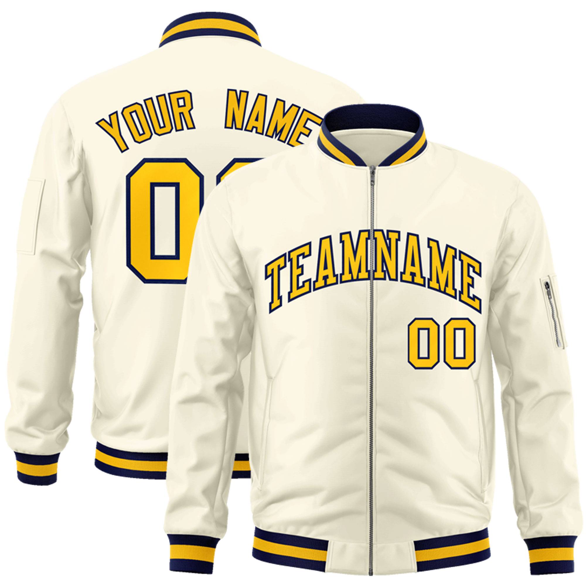 Custom Cream Yellow-Navy Varsity Full-Zip Letterman Bomber Jacket