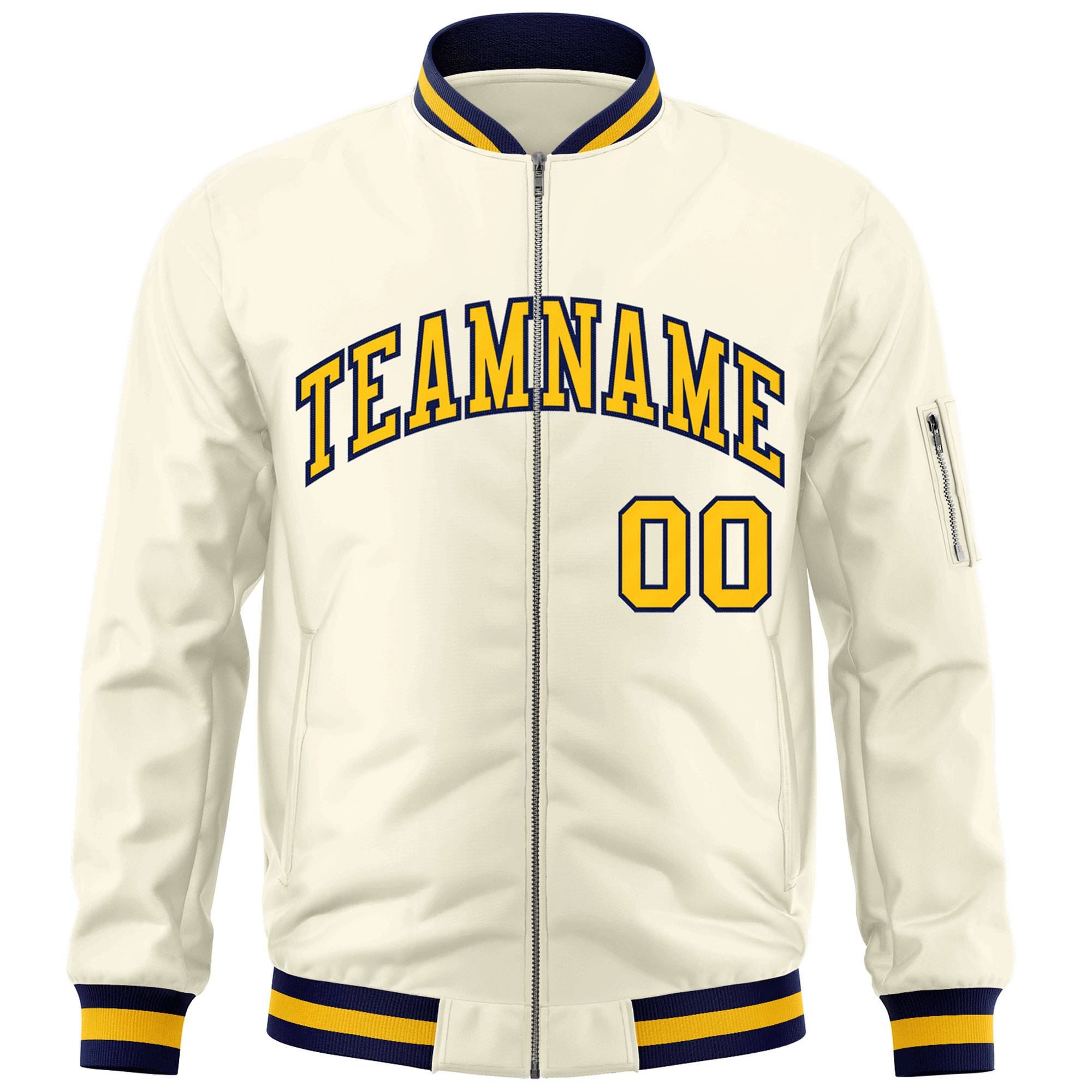 Custom Cream Yellow-Navy Varsity Full-Zip Letterman Bomber Jacket