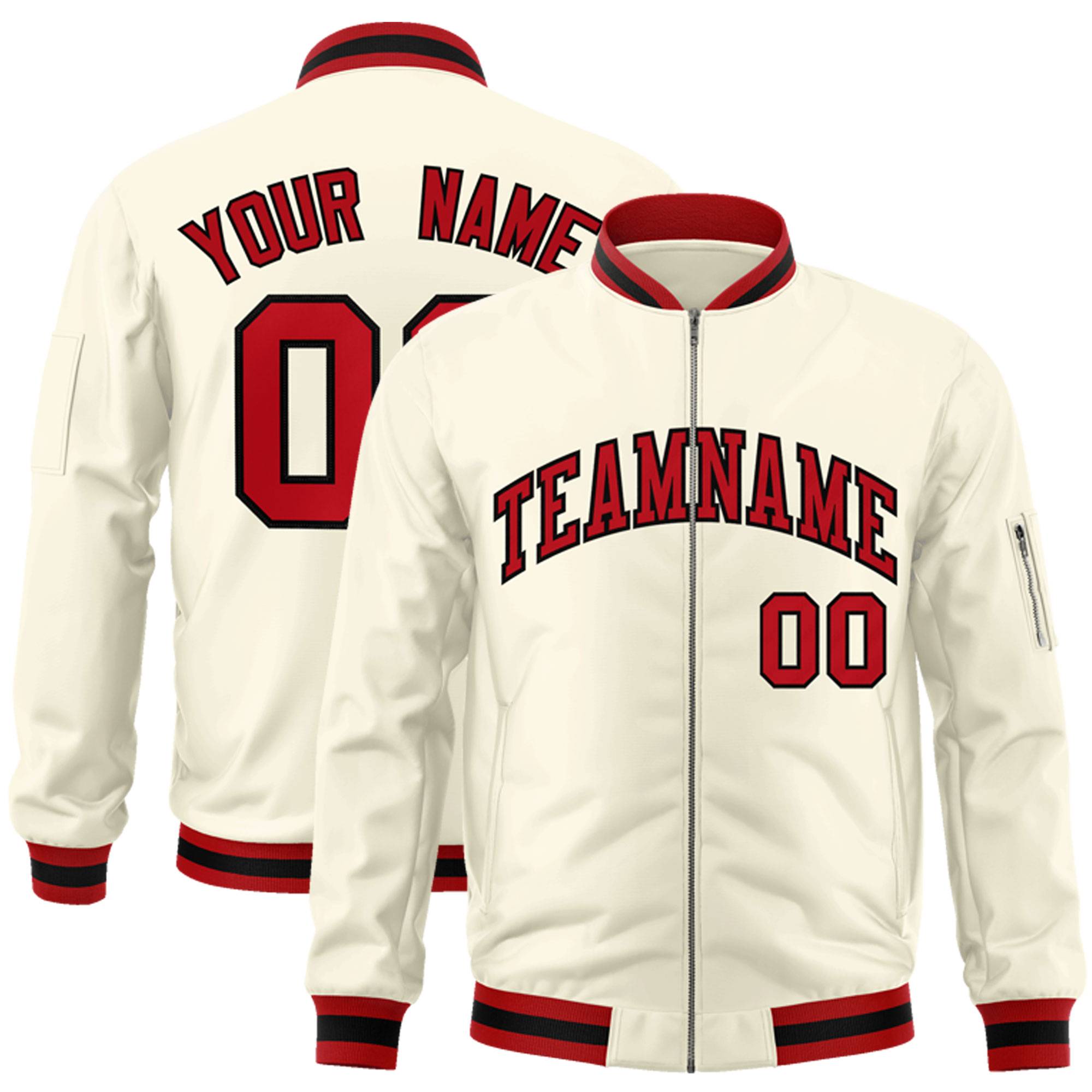 Custom Cream Red-Black Varsity Full-Zip Letterman Bomber Jacket