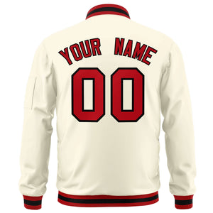 Custom Cream Red-Black Varsity Full-Zip Letterman Bomber Jacket