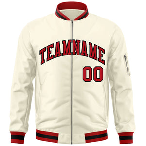 Custom Cream Red-Black Varsity Full-Zip Letterman Bomber Jacket