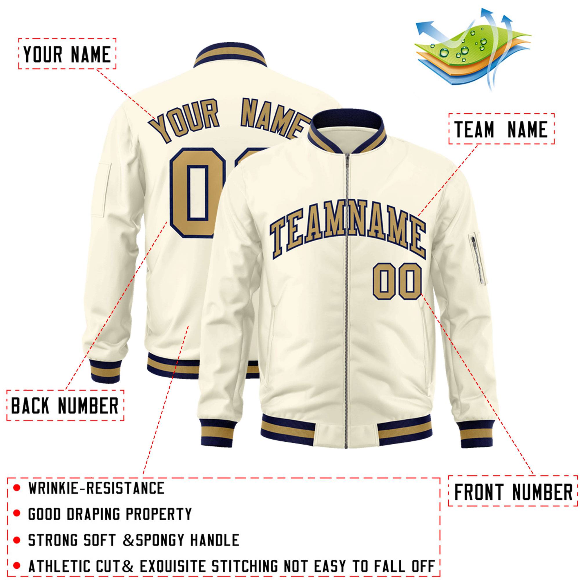 Custom Cream Old Gold-Navy Varsity Full-Zip Letterman Bomber Jacket