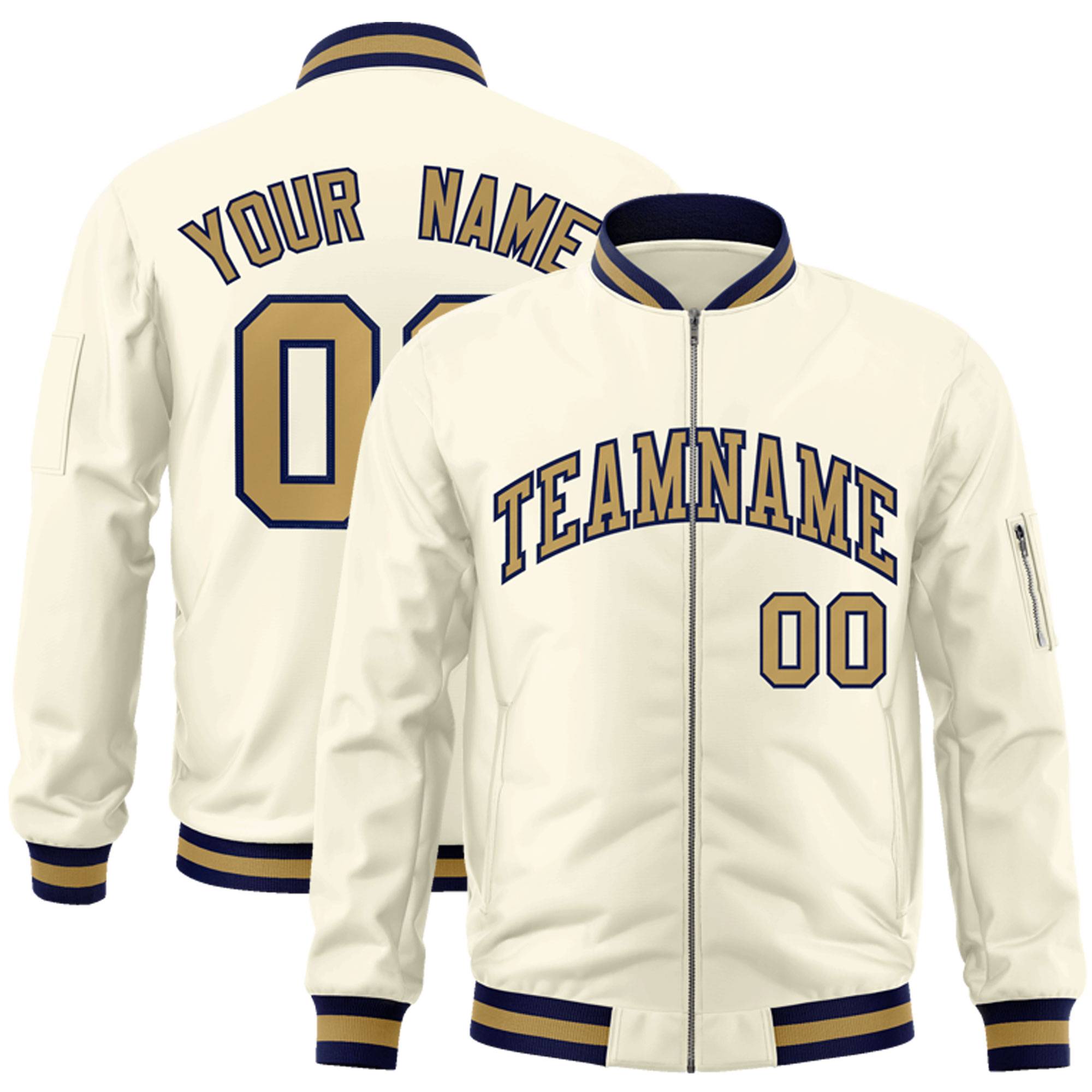 Custom Cream Old Gold-Navy Varsity Full-Zip Letterman Bomber Jacket