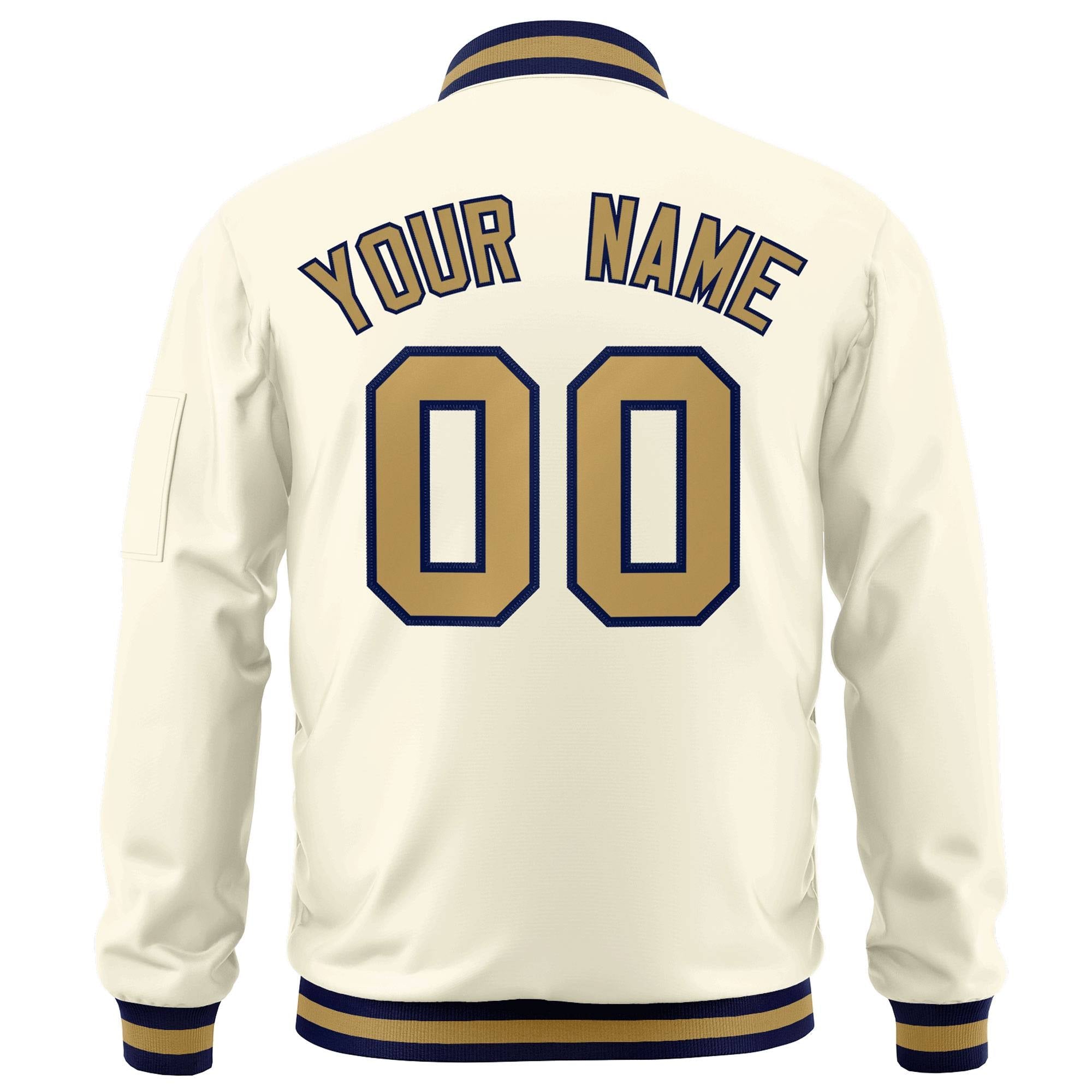 Custom Cream Old Gold-Navy Varsity Full-Zip Letterman Bomber Jacket