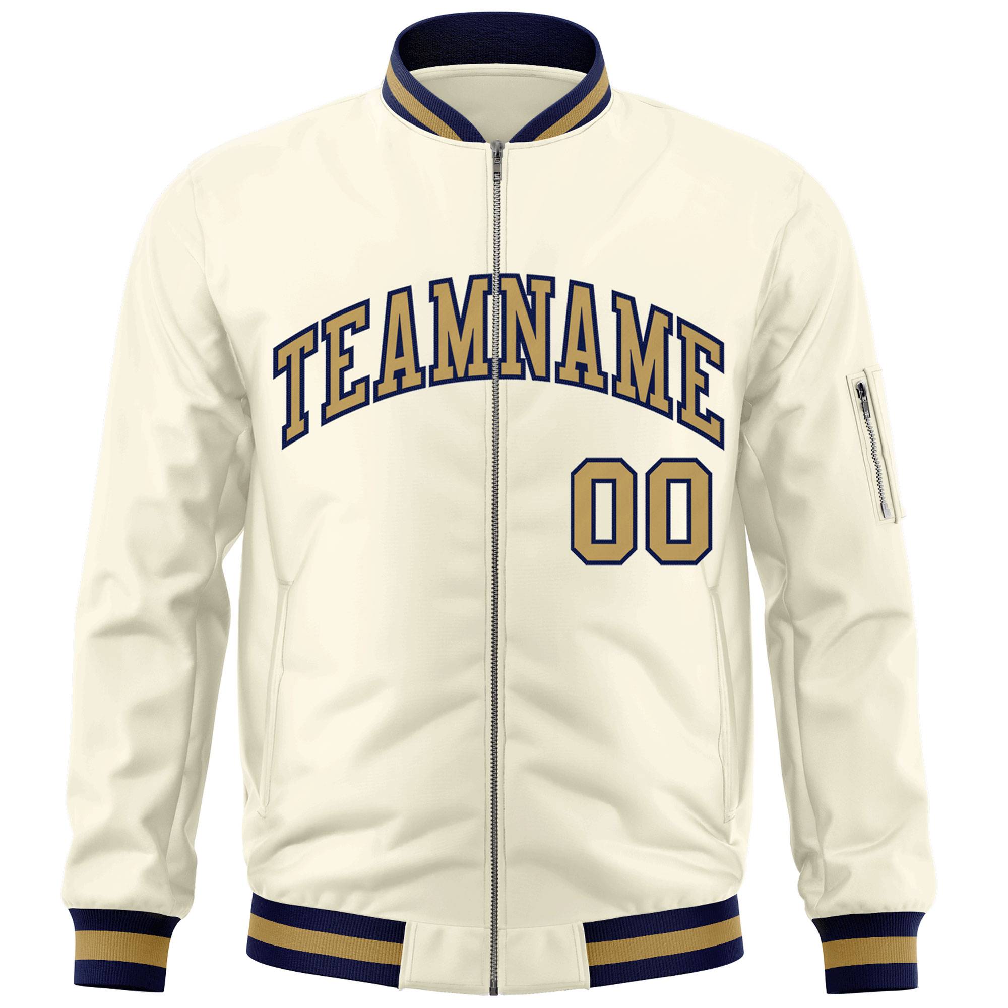 Custom Cream Old Gold-Navy Varsity Full-Zip Letterman Bomber Jacket