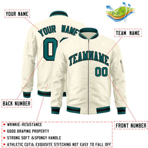 Custom Cream Aqua-Black Varsity Full-Zip Letterman Bomber Jacket