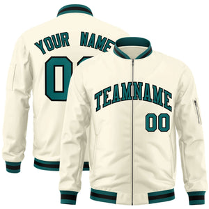 Custom Cream Aqua-Black Varsity Full-Zip Letterman Bomber Jacket