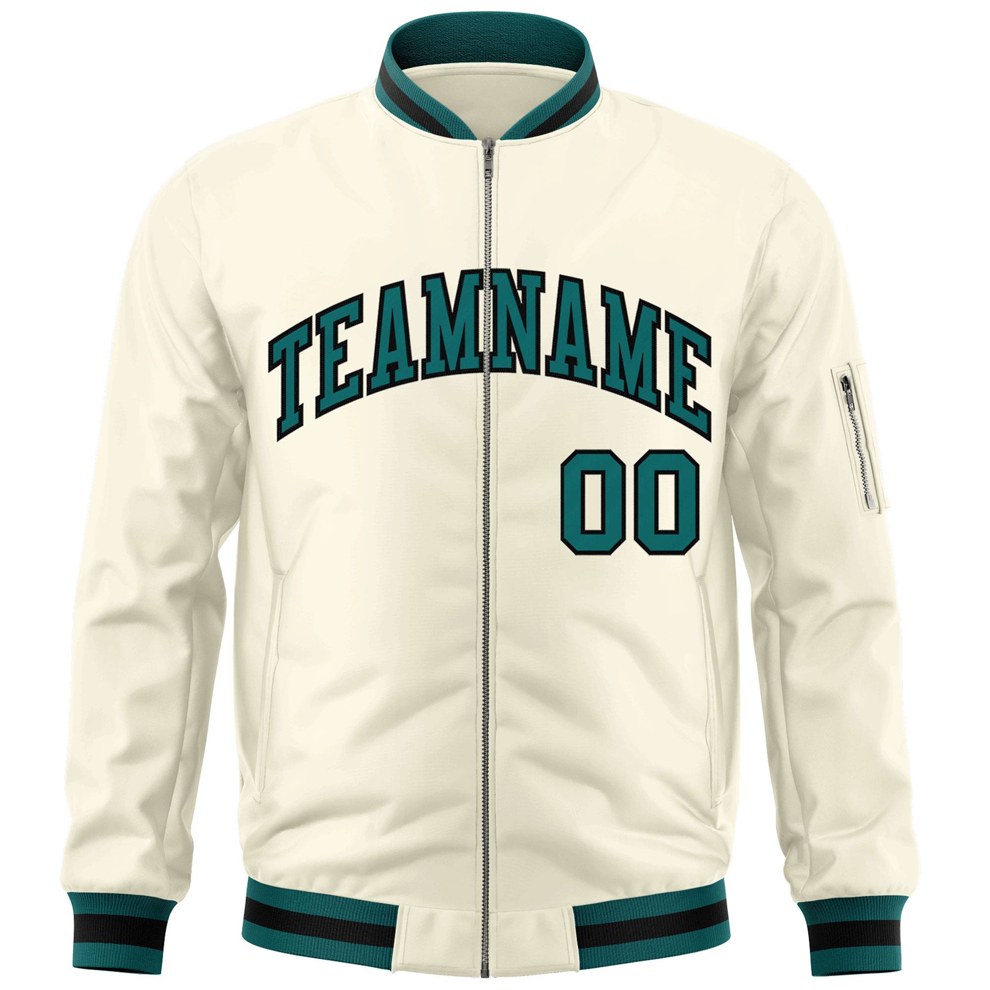 Custom Cream Aqua-Black Varsity Full-Zip Letterman Bomber Jacket