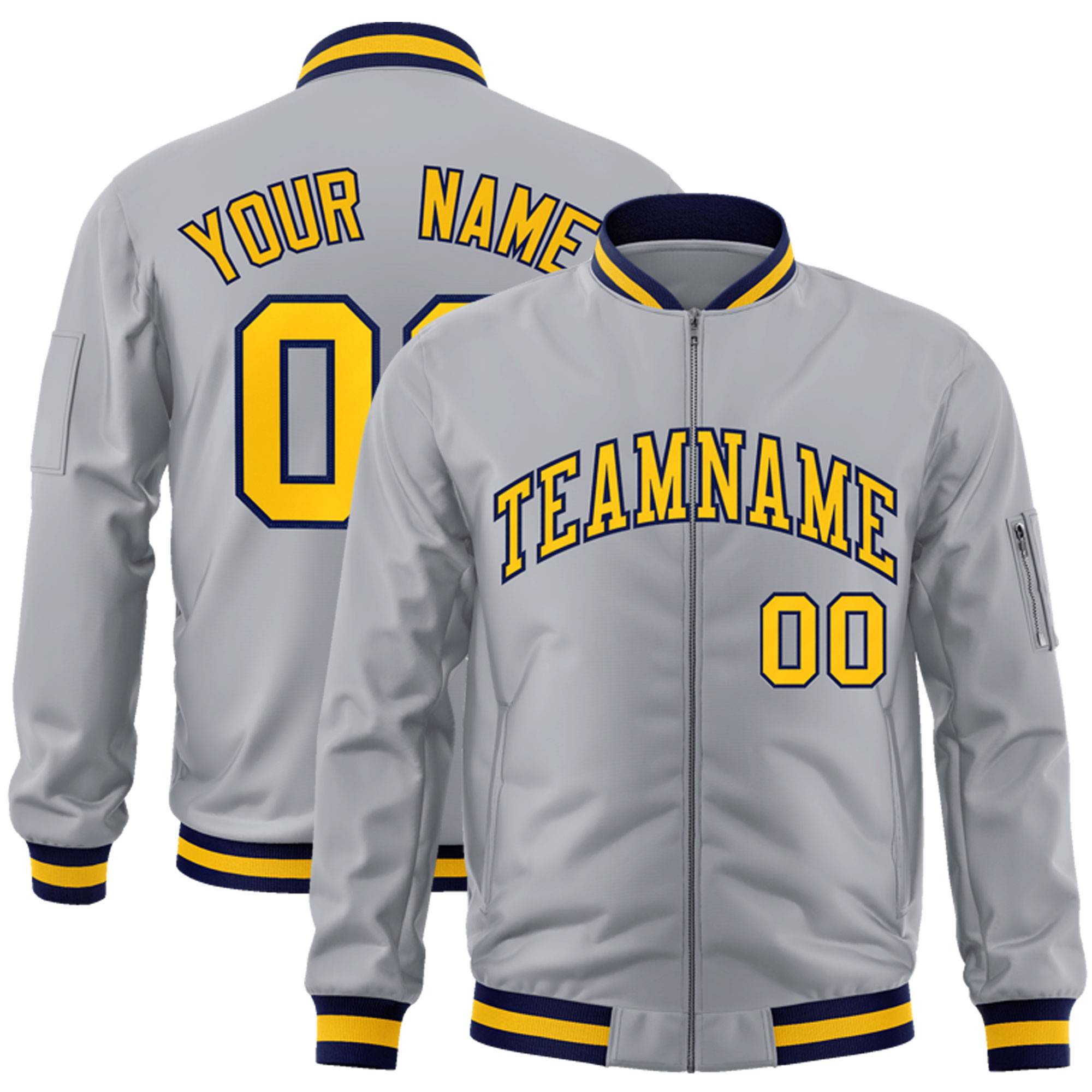 Custom Gray Gold-Navy Varsity Full-Zip Letterman Bomber Jacket