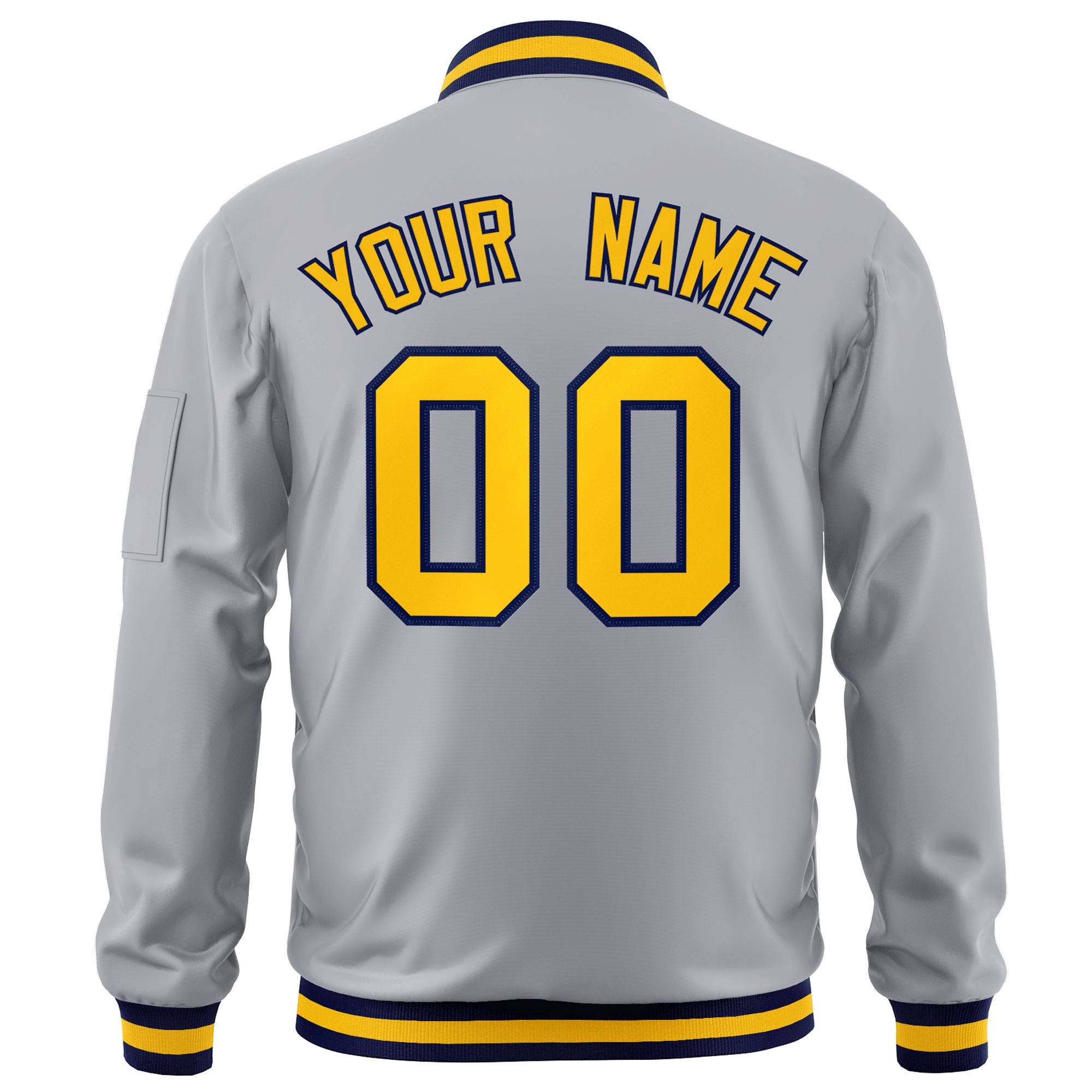 Custom Gray Gold-Navy Varsity Full-Zip Letterman Bomber Jacket