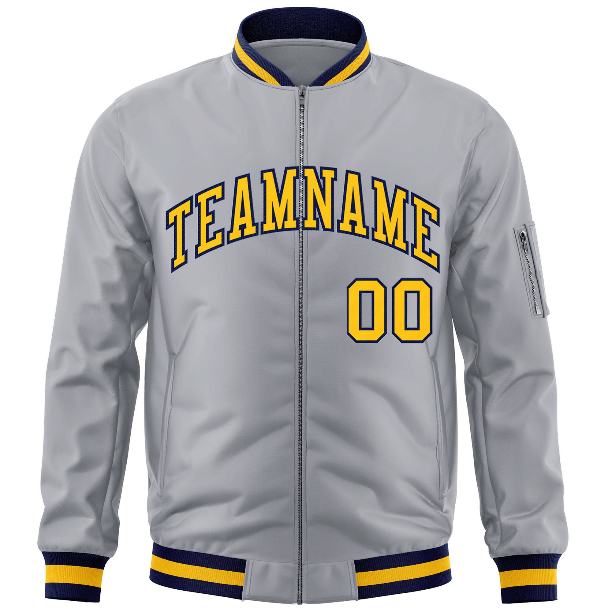 Custom Gray Gold-Navy Varsity Full-Zip Letterman Bomber Jacket