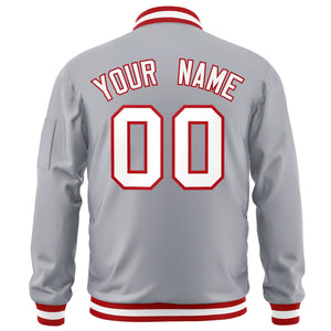 Custom Gray White-Red Varsity Full-Zip Letterman Bomber Jacket