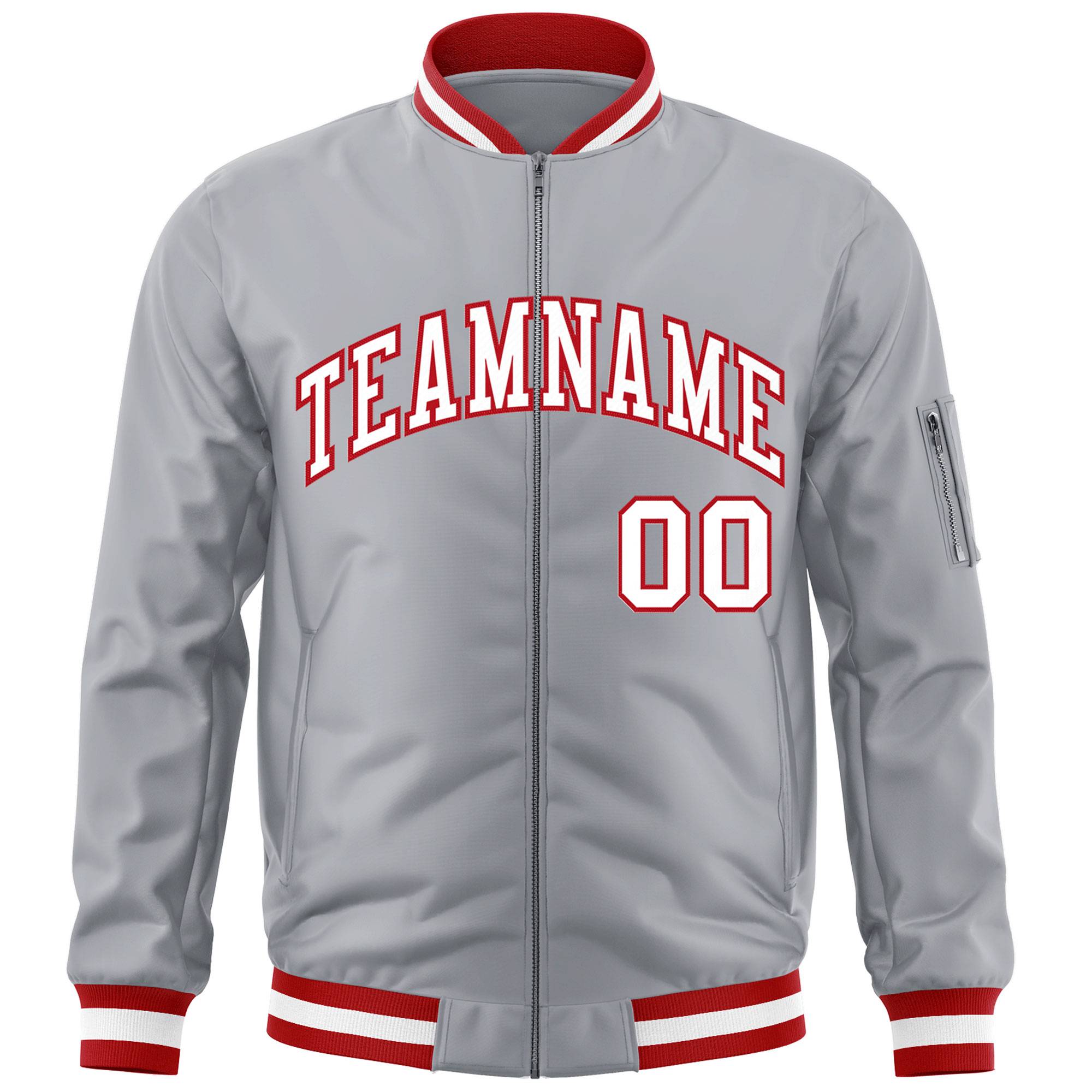 Custom Gray White-Red Varsity Full-Zip Letterman Bomber Jacket