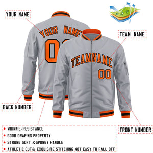 Custom Gray Orange-Black Varsity Full-Zip Letterman Bomber Jacket