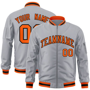 Custom Gray Orange-Black Varsity Full-Zip Letterman Bomber Jacket