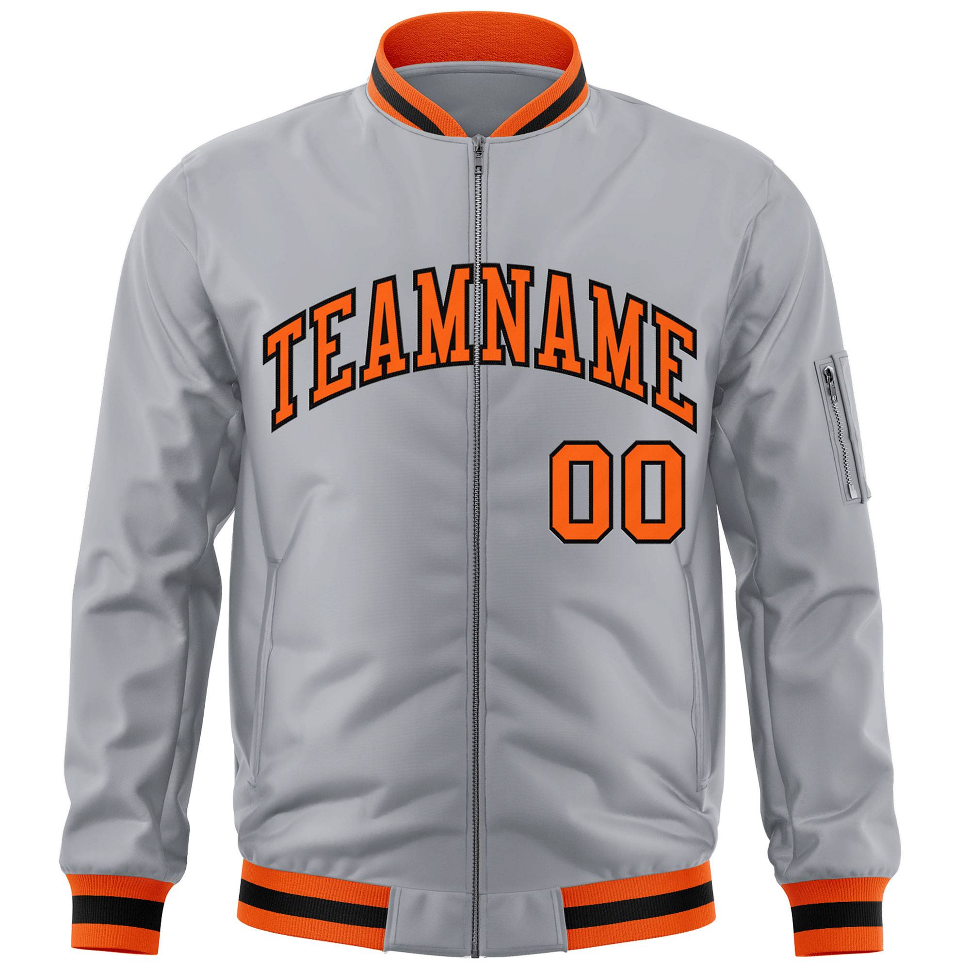 Custom Gray Orange-Black Varsity Full-Zip Letterman Bomber Jacket