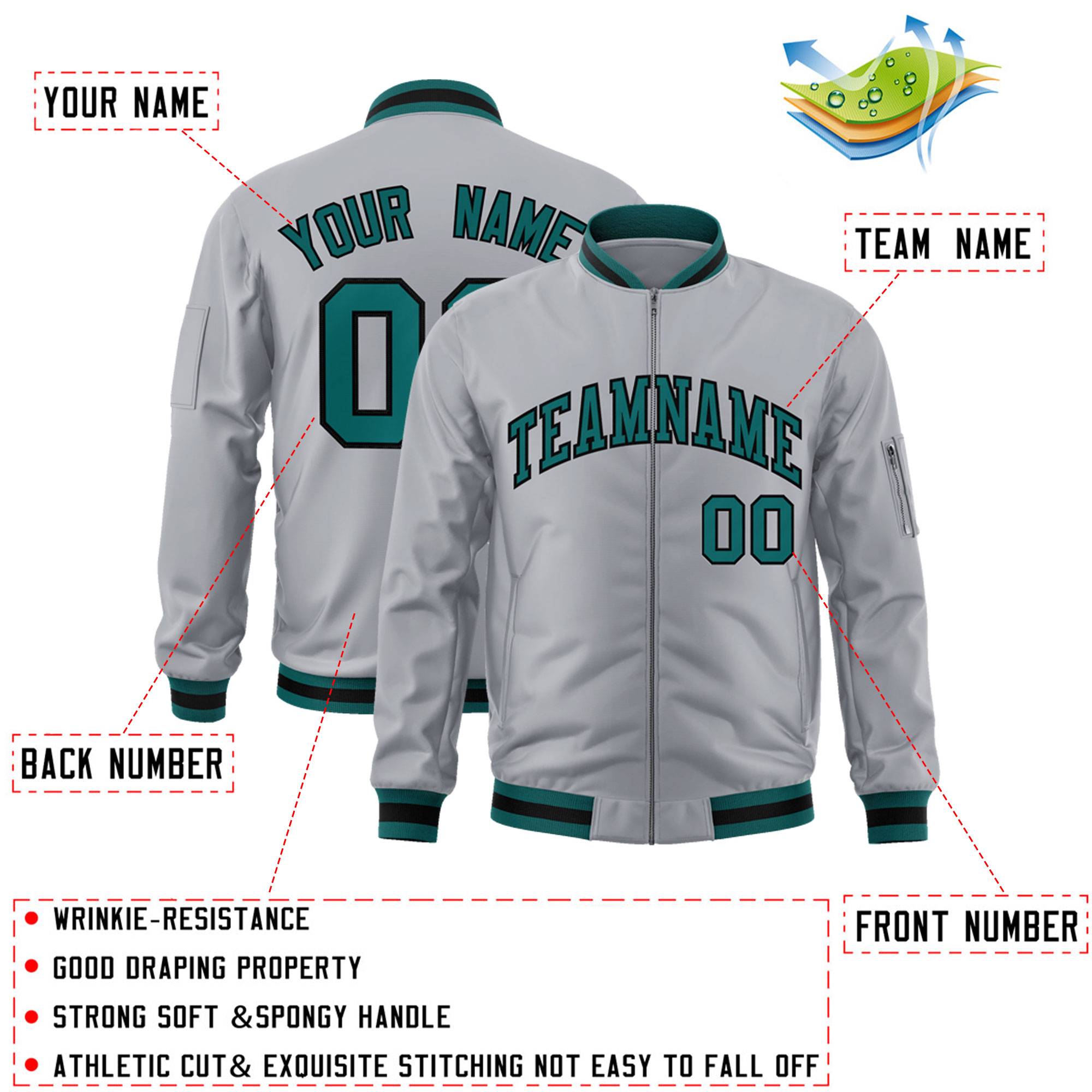 Custom Gray Aqua-Black Varsity Full-Zip Letterman Bomber Jacket