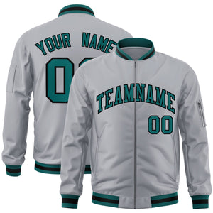 Custom Gray Aqua-Black Varsity Full-Zip Letterman Bomber Jacket