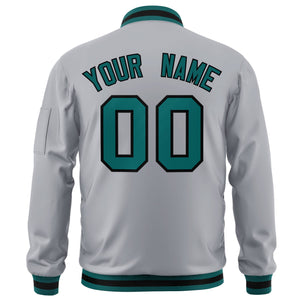 Custom Gray Aqua-Black Varsity Full-Zip Letterman Bomber Jacket