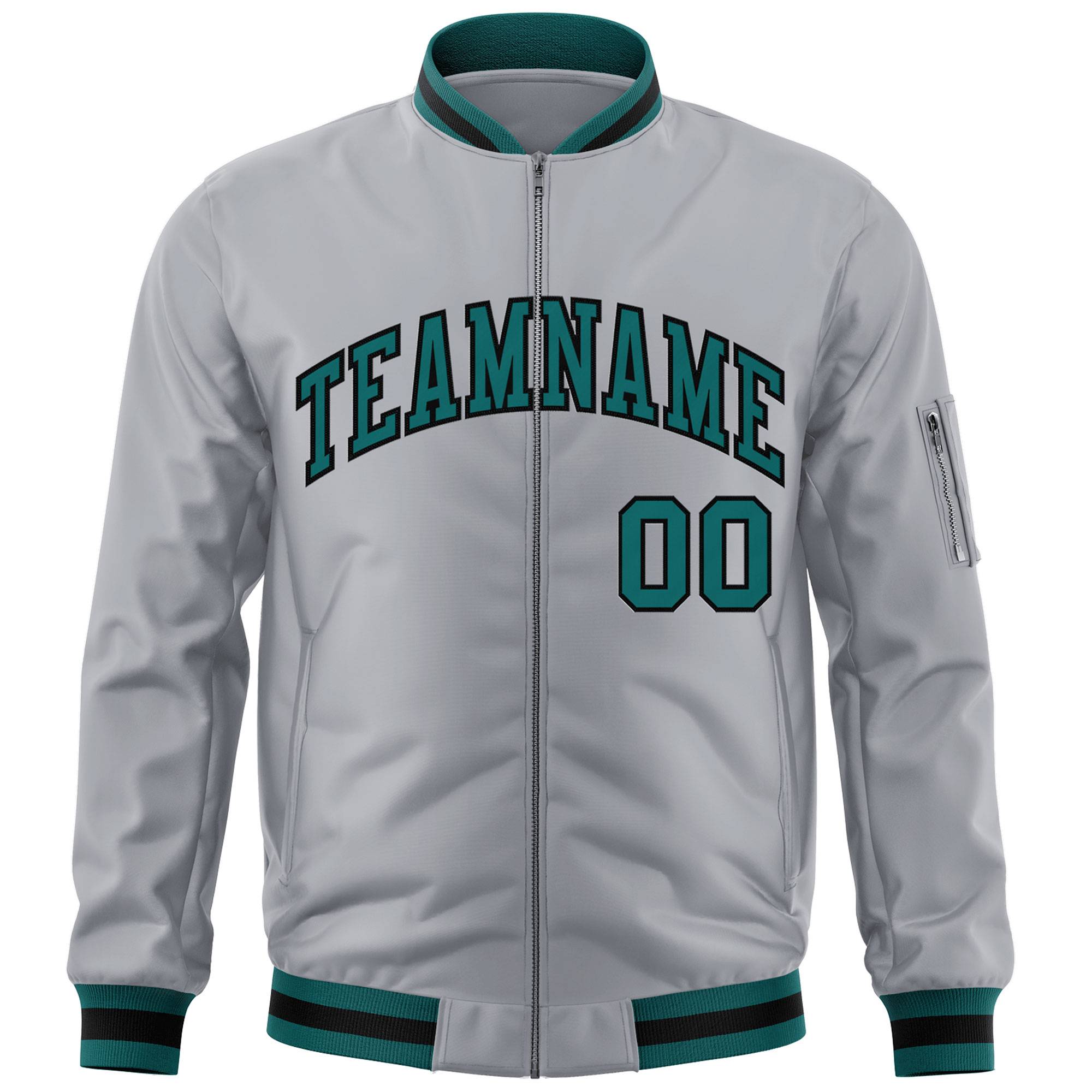 Custom Gray Aqua-Black Varsity Full-Zip Letterman Bomber Jacket