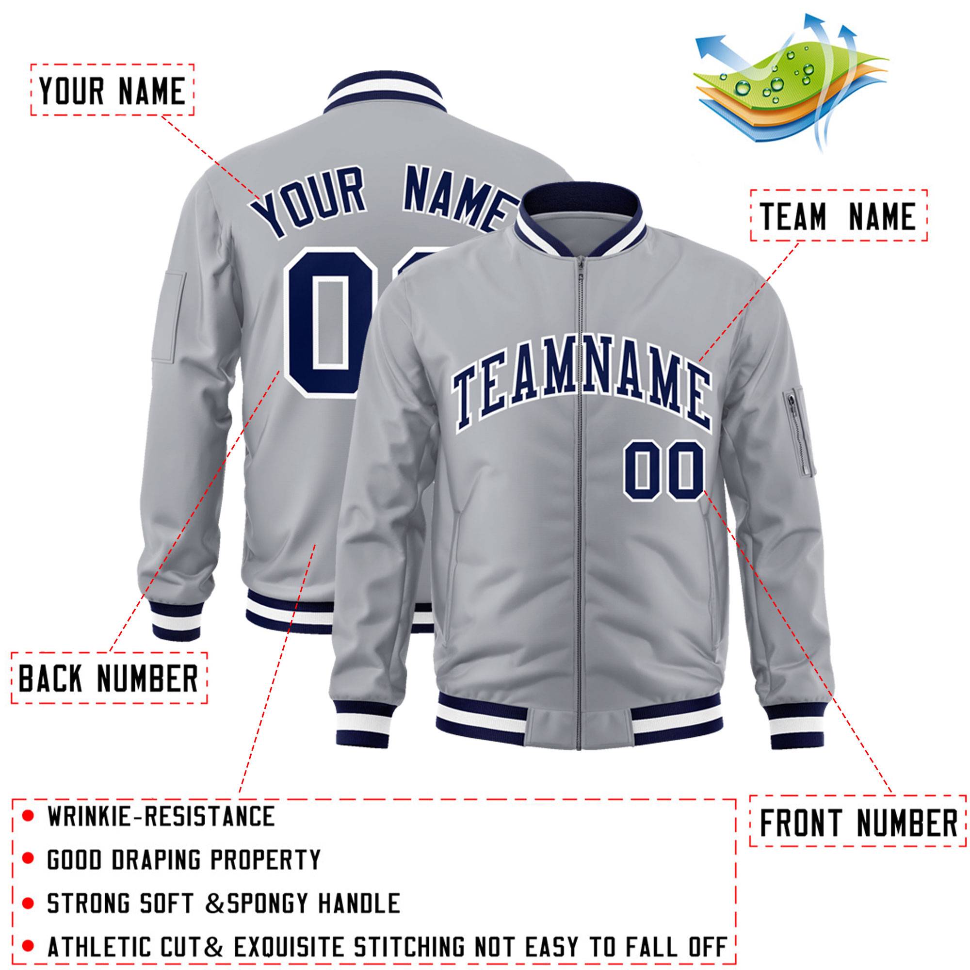 Custom Gray Navy-White Varsity Full-Zip Letterman Bomber Jacket