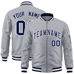 Custom Gray Navy-White Varsity Full-Zip Letterman Bomber Jacket