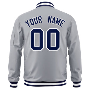 Custom Gray Navy-White Varsity Full-Zip Letterman Bomber Jacket