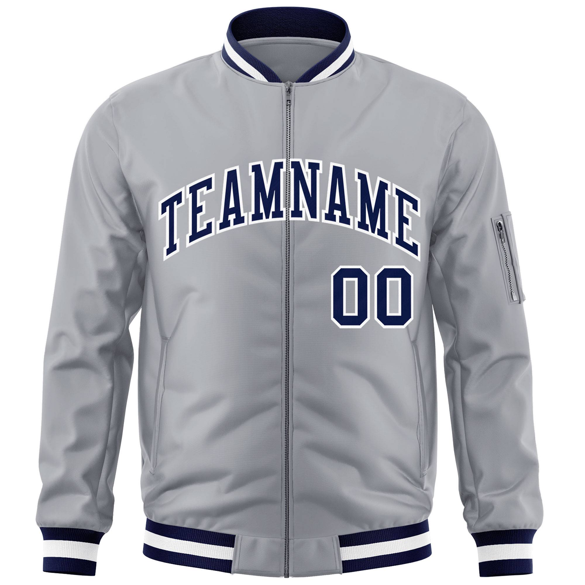 Custom Gray Navy-White Varsity Full-Zip Letterman Bomber Jacket