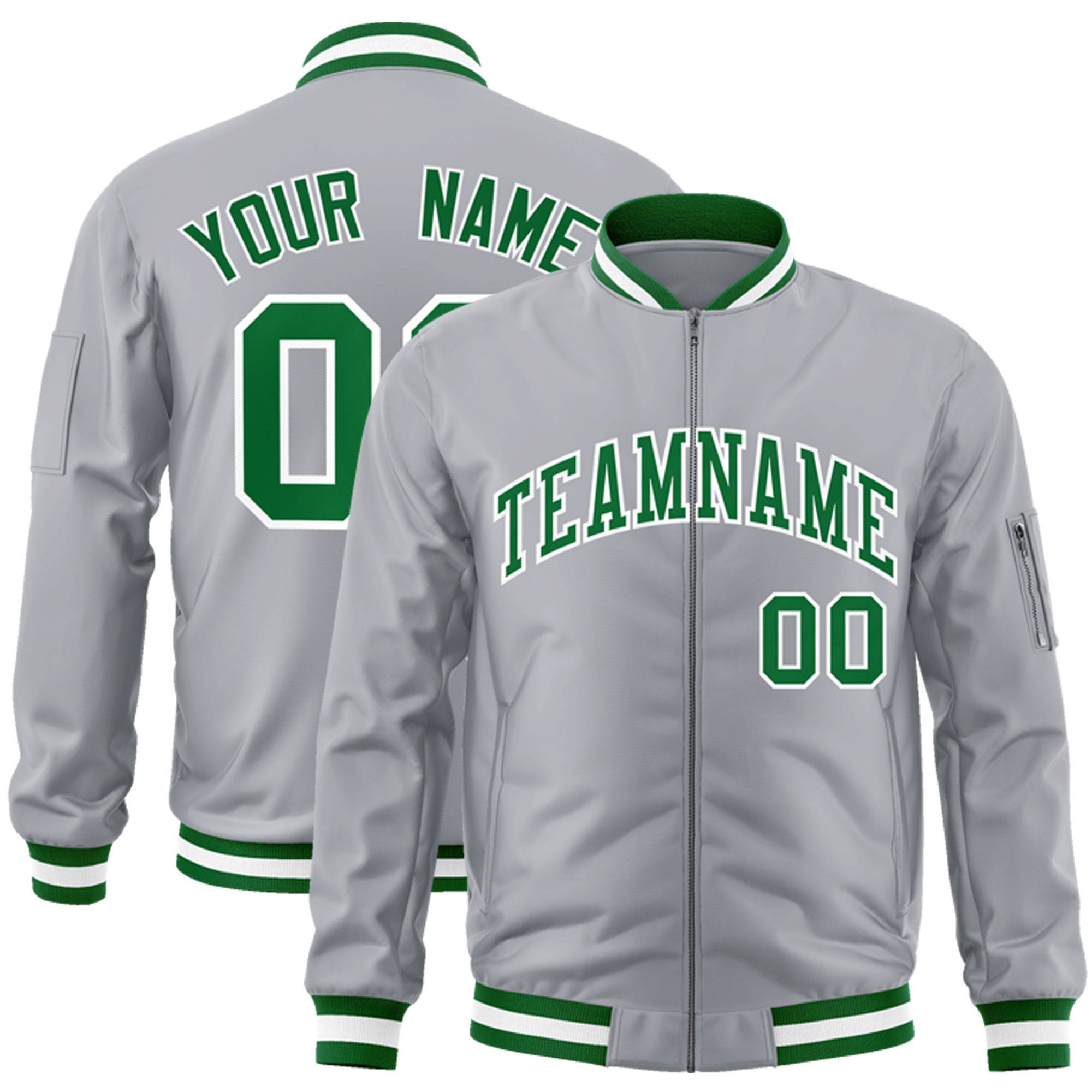 Custom Gray Kelly Green-White Varsity Full-Zip Letterman Bomber Jacket