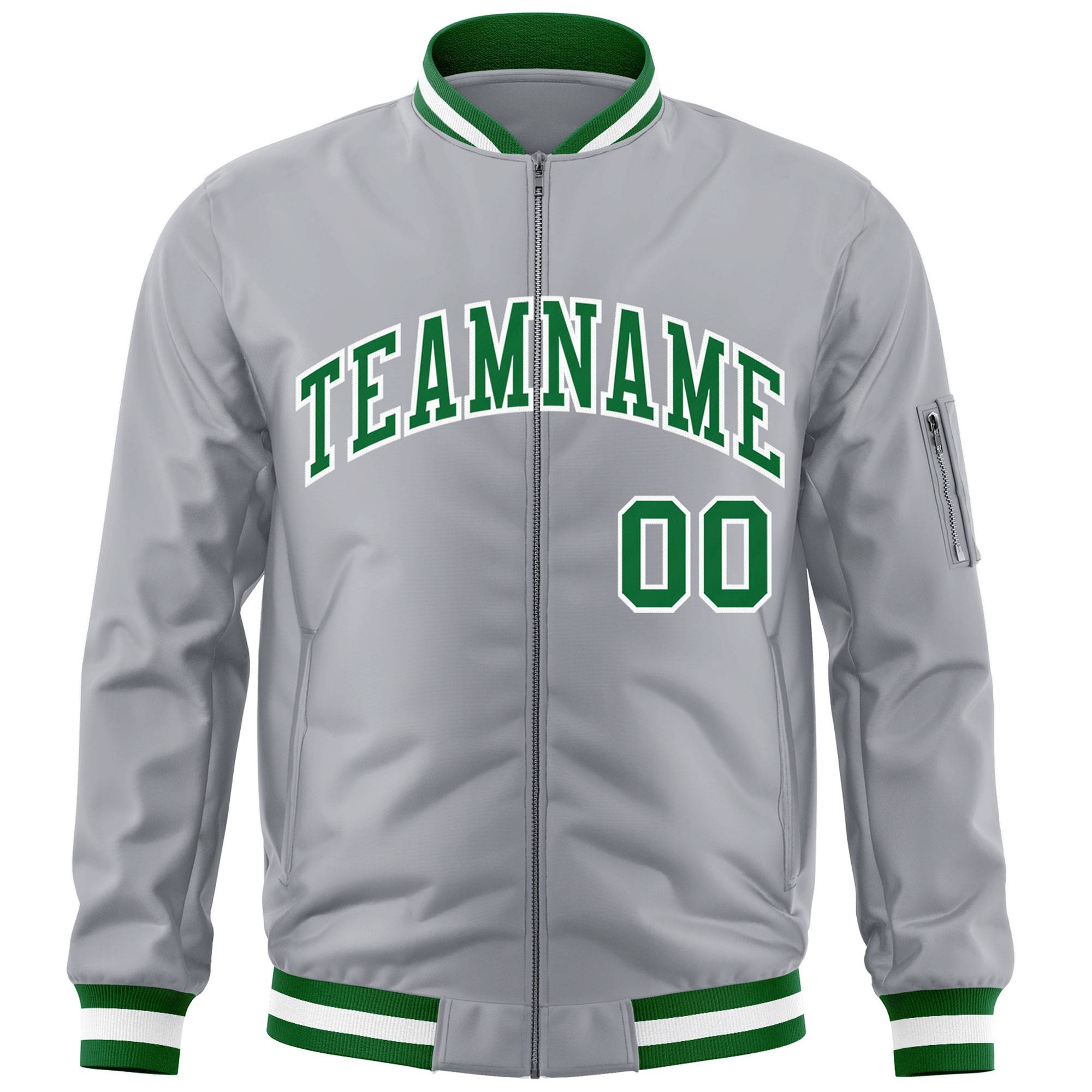 Custom Gray Kelly Green-White Varsity Full-Zip Letterman Bomber Jacket