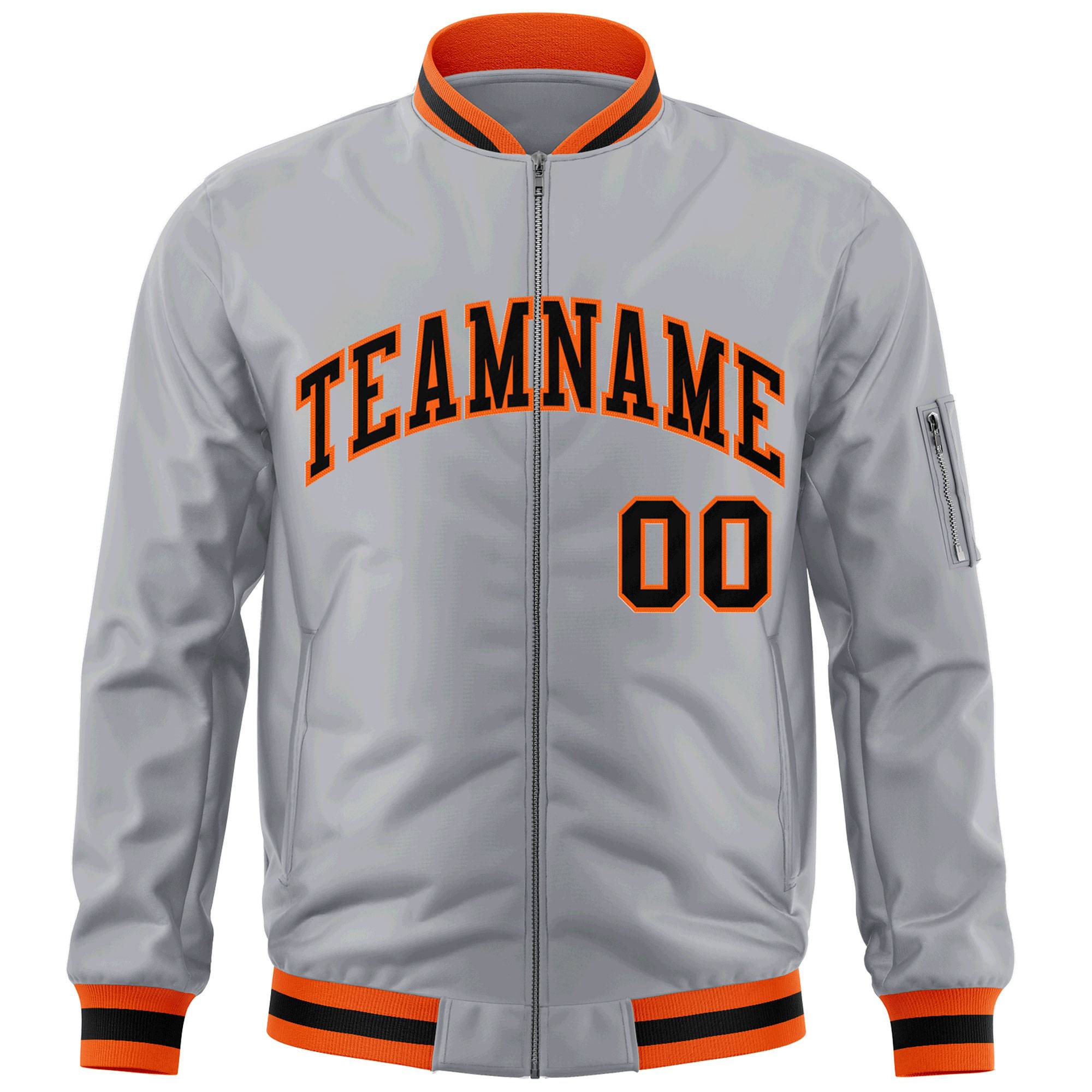 Custom Gray Black-Orange Varsity Full-Zip Letterman Bomber Jacket