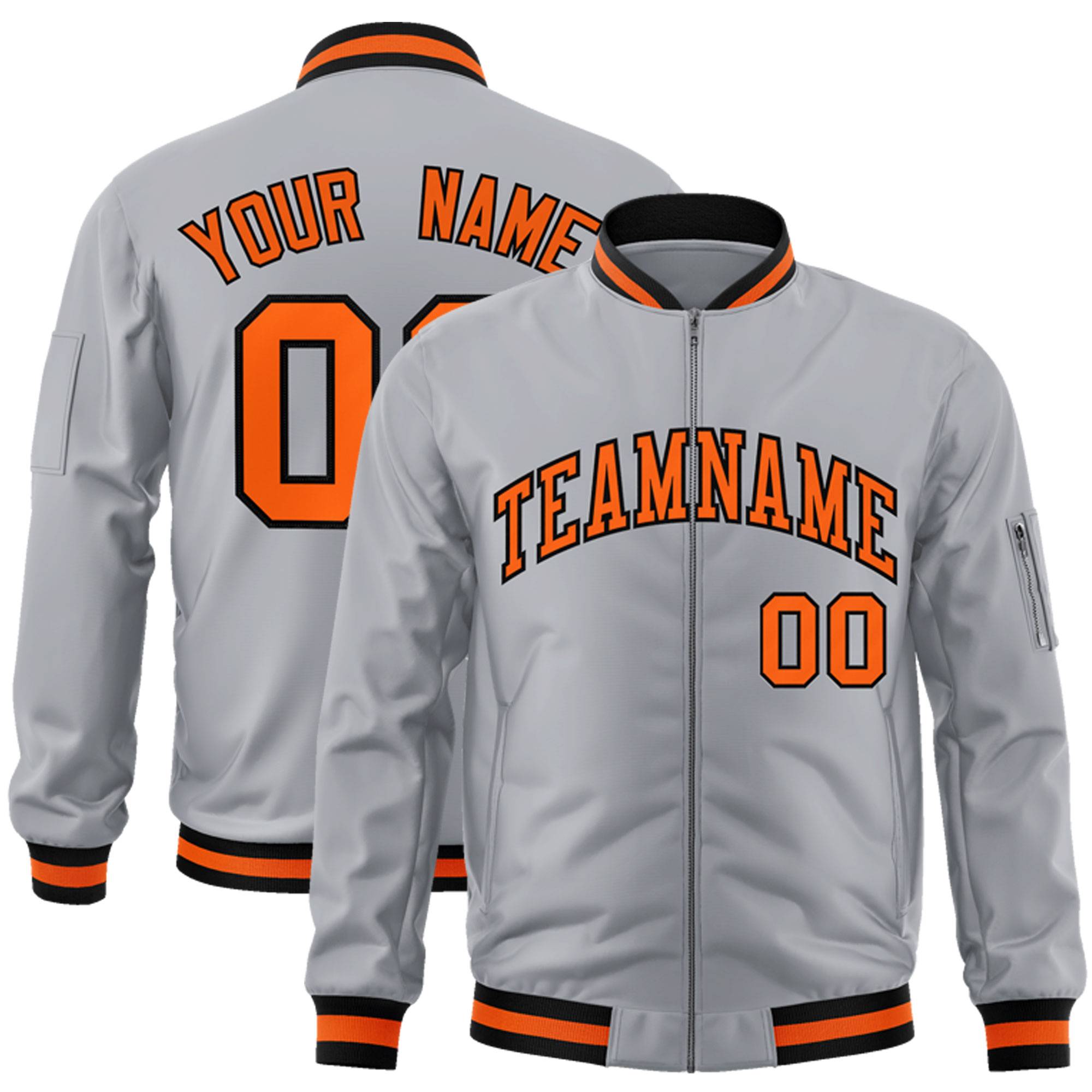 Custom Gray Orange-Black Varsity Full-Zip Letterman Bomber Jacket