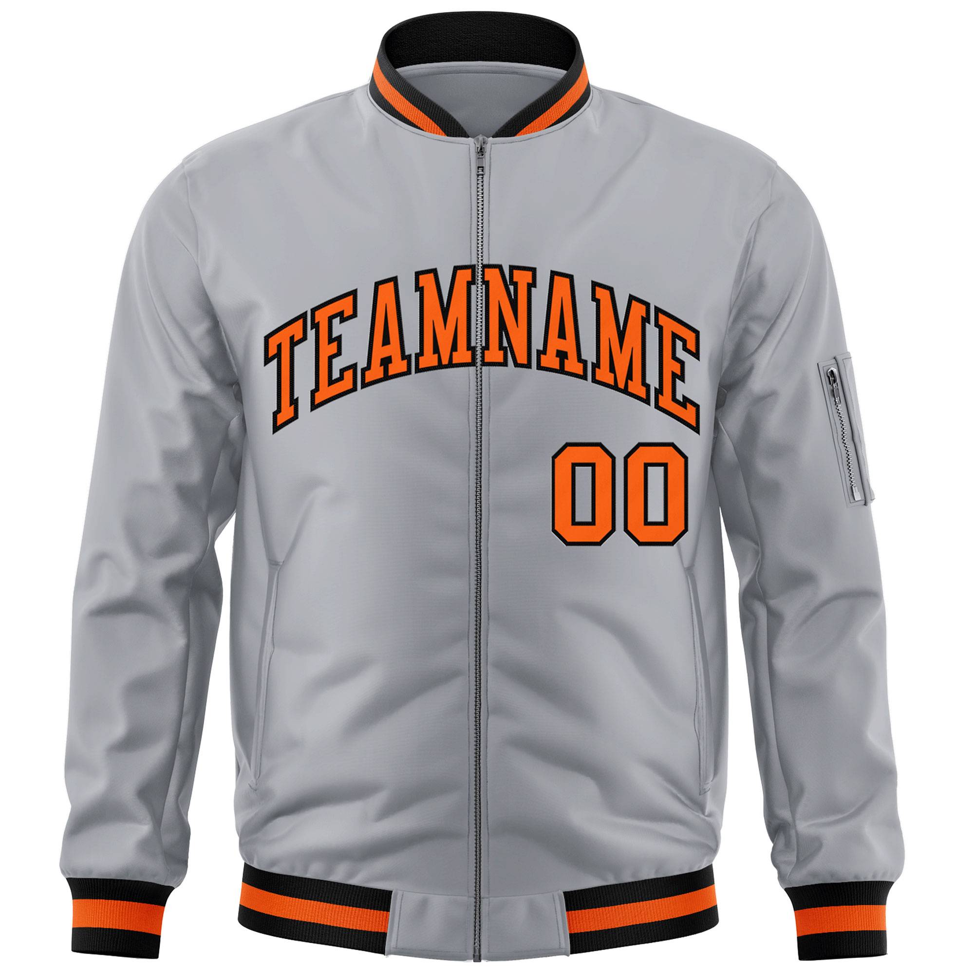 Custom Gray Orange-Black Varsity Full-Zip Letterman Bomber Jacket