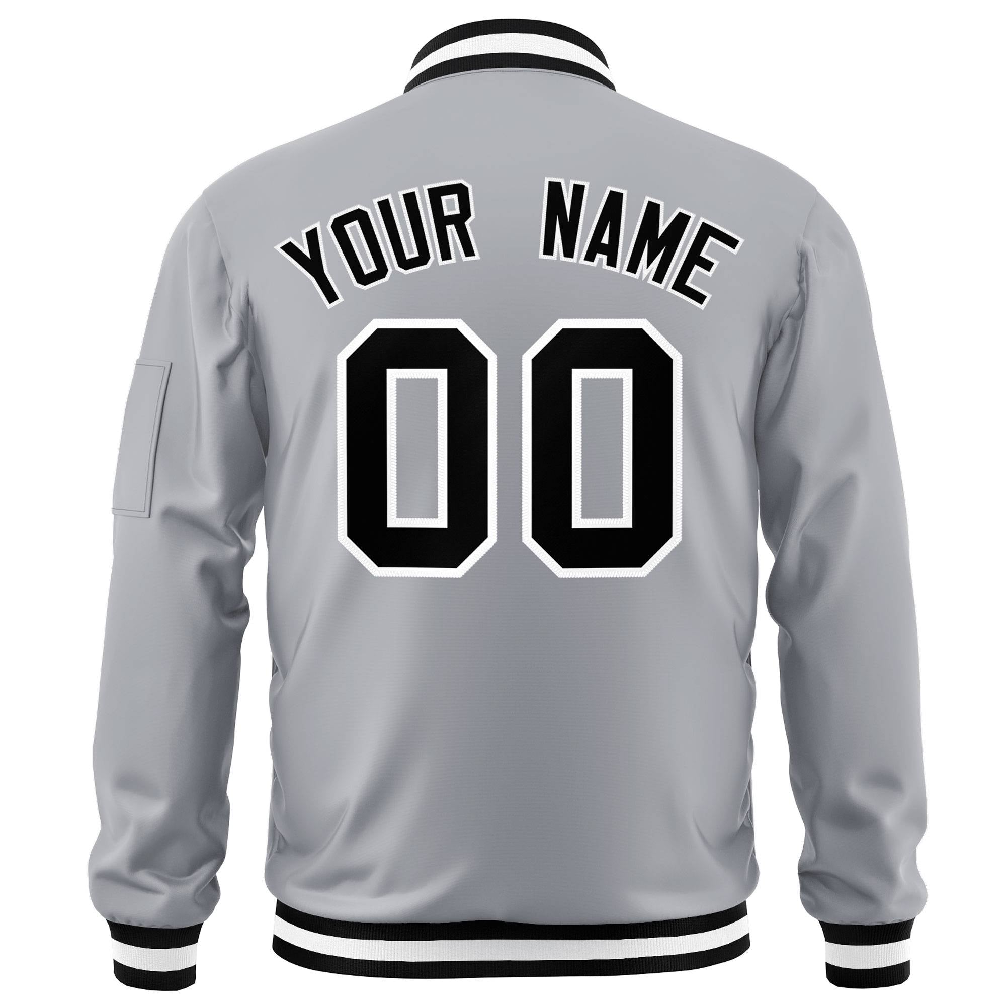 Custom Gray Black-White Varsity Full-Zip Letterman Bomber Jacket