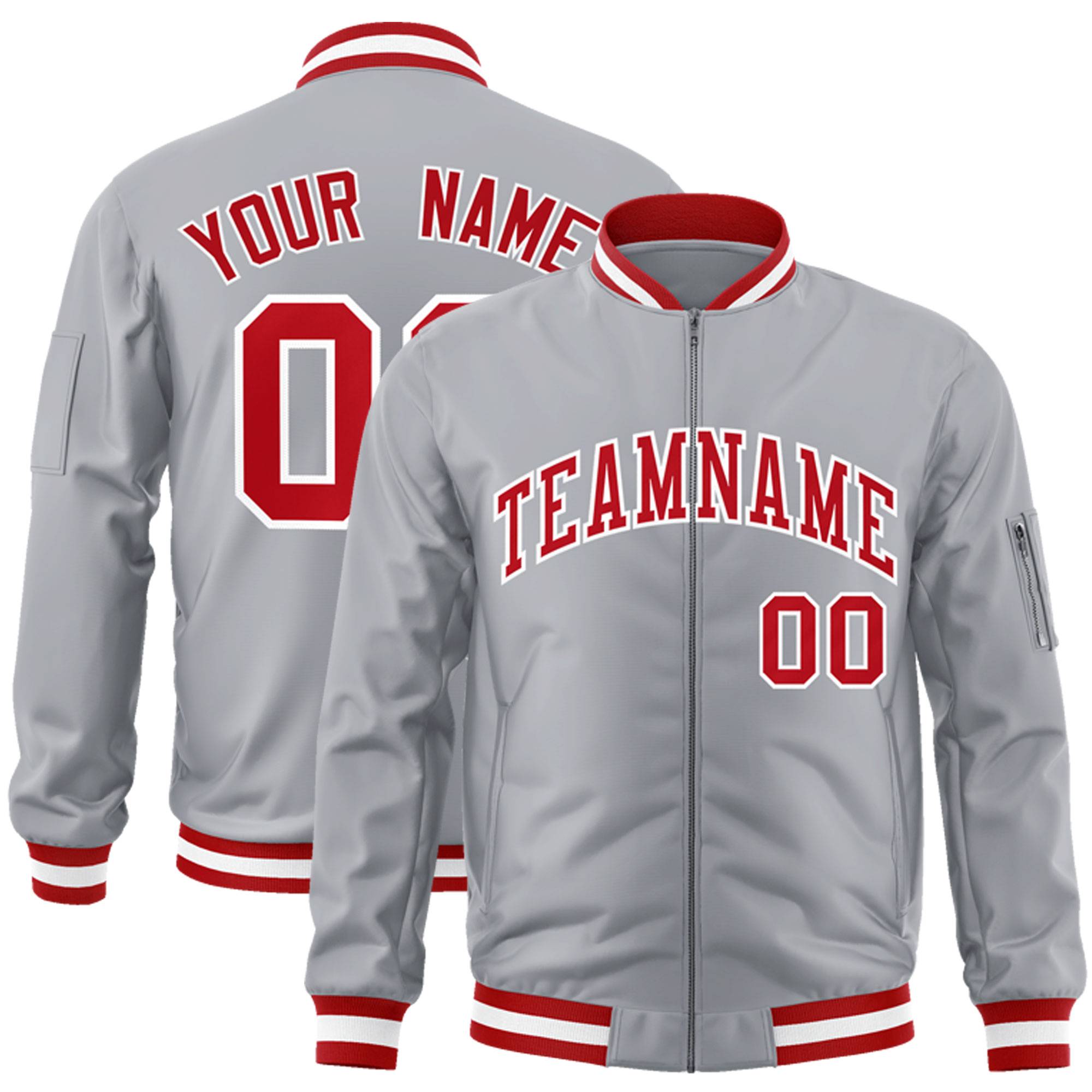 Custom Gray Red-White Varsity Full-Zip Letterman Bomber Jacket