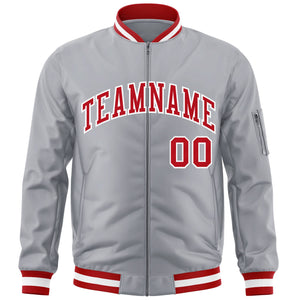 Custom Gray Red-White Varsity Full-Zip Letterman Bomber Jacket