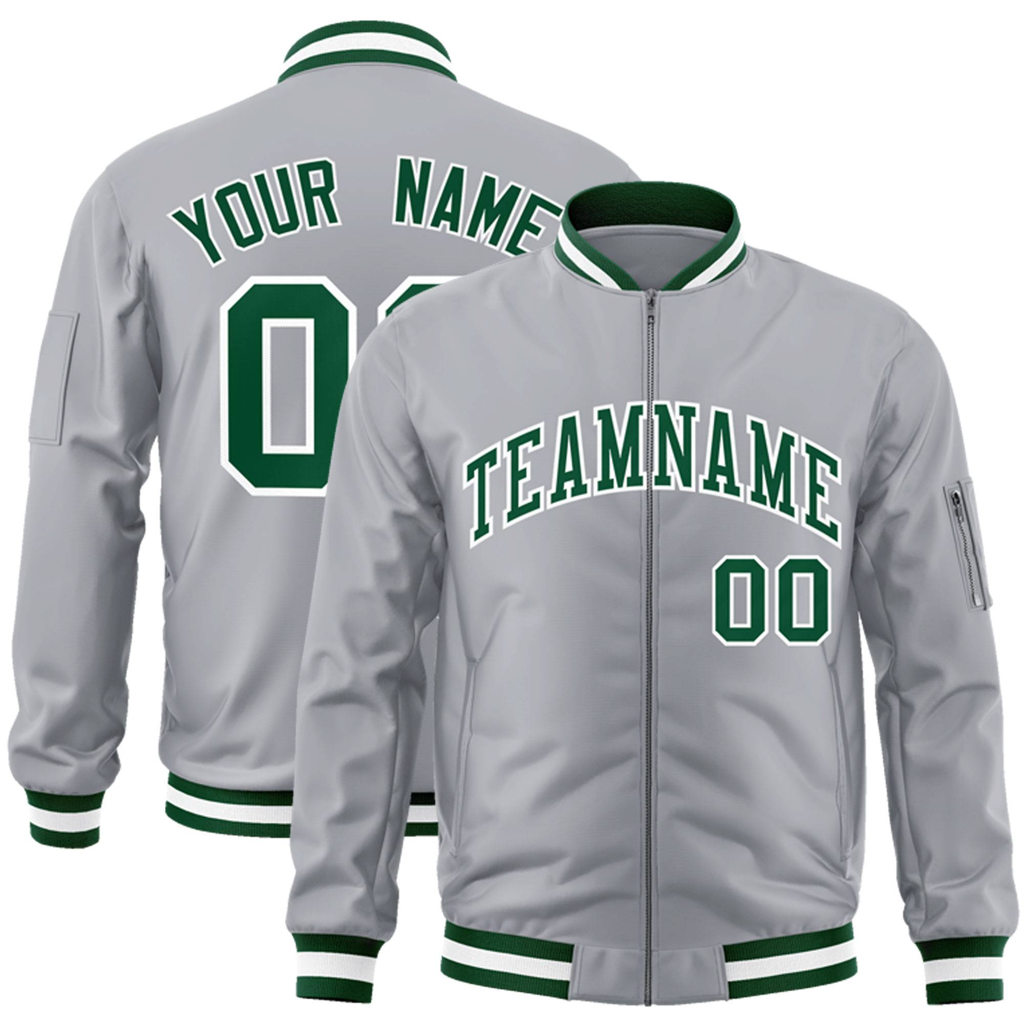 Custom Gray Green-White Varsity Full-Zip Letterman Bomber Jacket