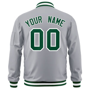 Custom Gray Green-White Varsity Full-Zip Letterman Bomber Jacket